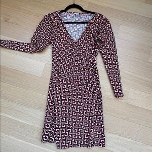 Jude Connally Red Black Square Geometric Print Jude Cloth Surplice Dress Sz S